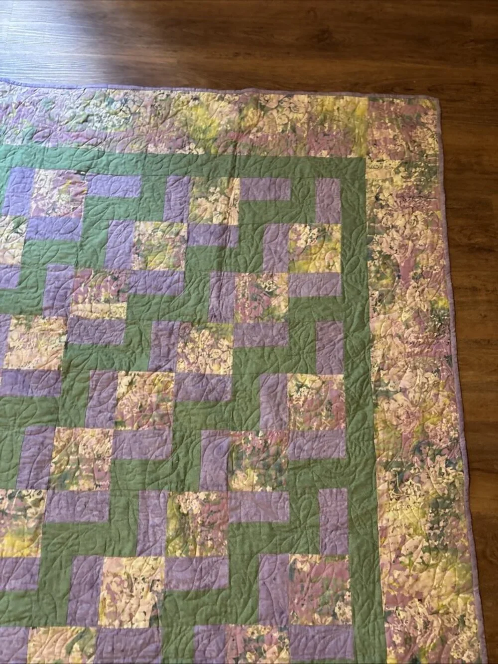 Homemade Modern King Quilt Green & Purple Size 100 X 92 Nine Patch